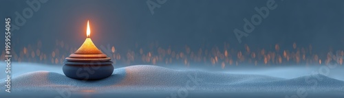 A glowing candle shaped like a pyramid flickers softly on a snowy surface, with warm light a serene and peaceful atmosphere against a dark blue background, relaxing fire, world heat crisis