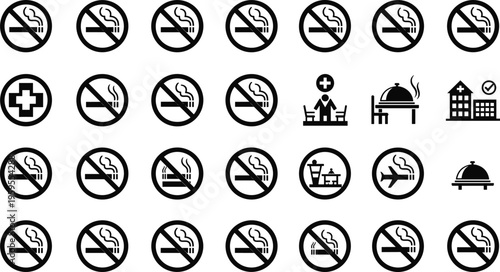 No Smoking Prohibition Icon Set for Healthcare, Restaurants, and Public Spaces with Health and Safety Symbols