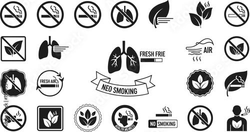 No Smoking and Fresh Air Icon Set with Lung Health, Tobacco-Free, and Environmental Symbols for Clean Air and Wellness