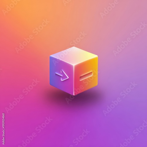 Colorful abstract cube icon with arrows, set against a vibrant gradient background