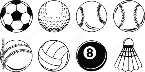 Sports balls collection line art soccer baseball basketball volleyball billiard shuttlecock vector set