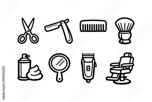 Collection of barber shop tools and equipment icons on a white background