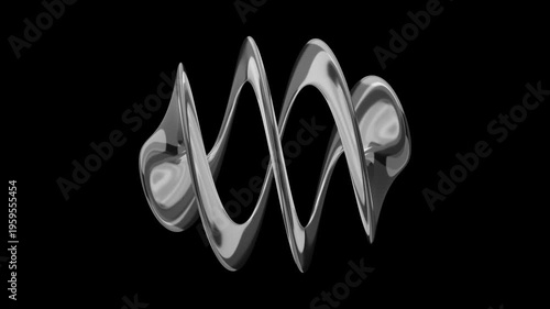 Abstract dark background animation featuring dynamic twisted ribbon-like shapes rotating around a central axis. Fluid motion of intertwining black and silver elements creates a mesmerizing seamless lo