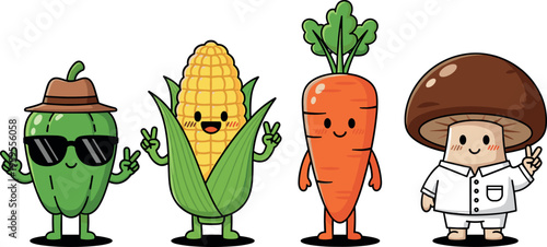 Kawaii vegetable characters set with corn carrot mushroom and pepper wearing accessories cute cartoon food mascots colorful vector illustration isolated