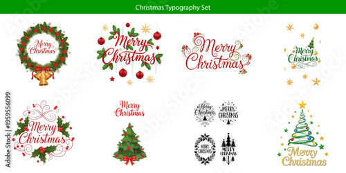 Christmas typography set with merry christmas text and trees