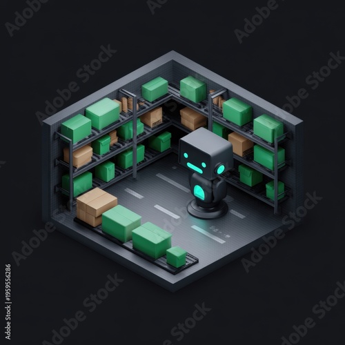 A robotic assistant organizing green boxes in a modern warehouse setting with shelves