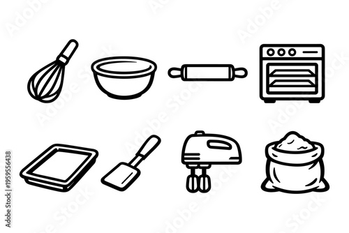 Collection of baking icons including whisk, bowl, rolling pin, oven, and mixer