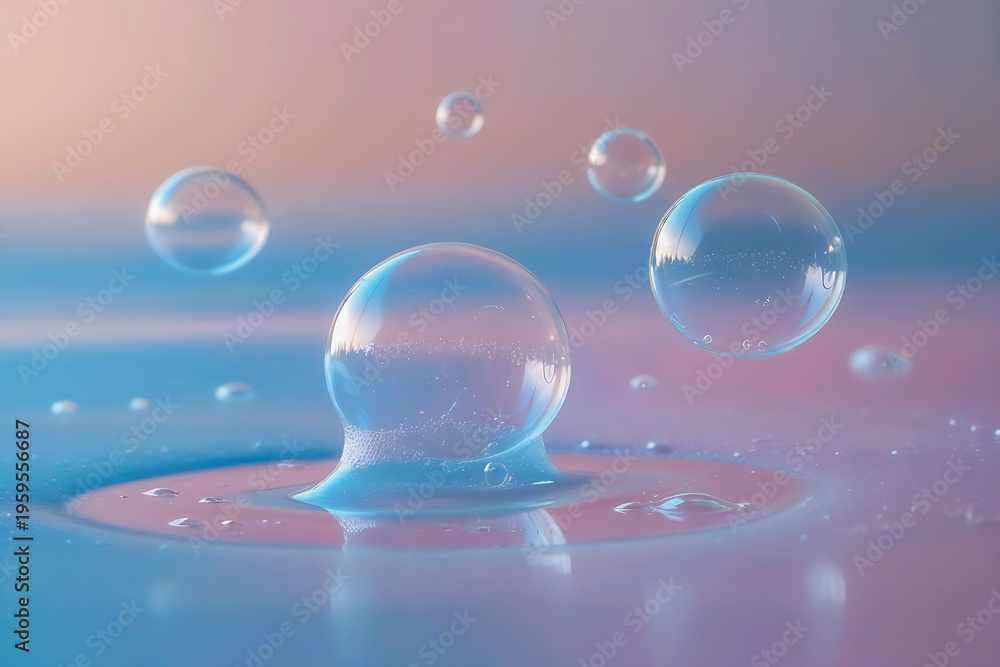 Naklejka premium Iridescent soap bubbles floating gracefully against a soft gradient background of pastel blue and purple light.
