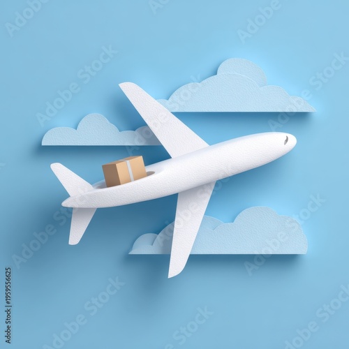 Paper airplane flying through clouds with a package in its cargo hold against a blue sky