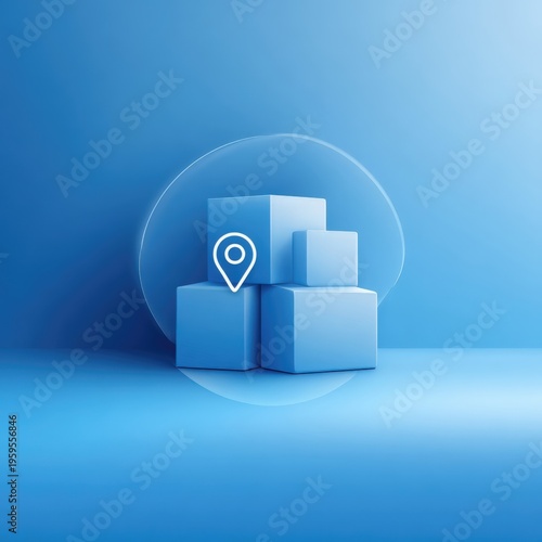 Blue geometric shapes with a location marker on a smooth gradient background, symbolizing logistics