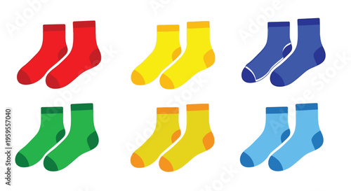Colorful socks arranged in pairs red yellow blue and green variations shown