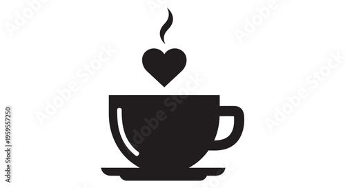 Black silhouette of a coffee cup with a heart shaped steam rising from it