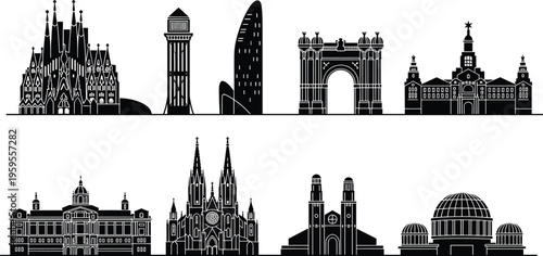 Barcelona Spain landmarks silhouette flat vector illustration with Sagrada Familia, Arc de Triomf, Torre Glòries, historic architecture, cultural heritage design