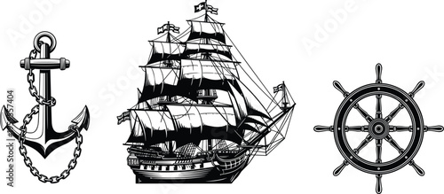 Anchor ship wheel sailing vessel flat vector illustration with nautical theme, maritime navigation, historic galleon, ocean travel, sea exploration design