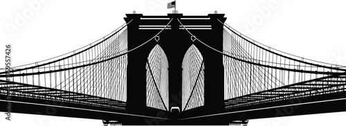 Brooklyn Bridge silhouette flat vector illustration with suspension cables, iconic landmark, architectural design, American flag, New York City skyline concept