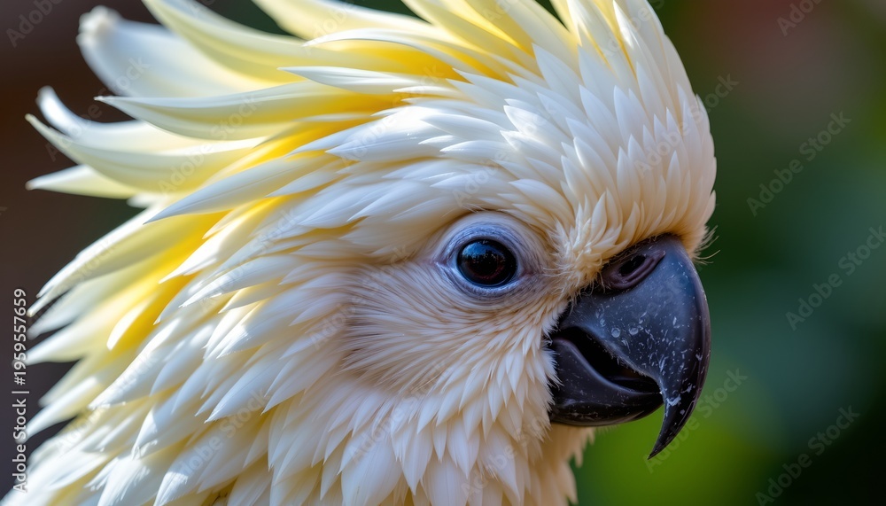 Fototapeta premium The image features a close up of a bird with striking plumage, primarily white with hints of yellow