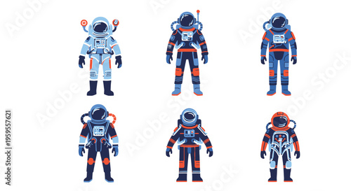 Colorful illustration of six astronauts in various spacesuits facing forward