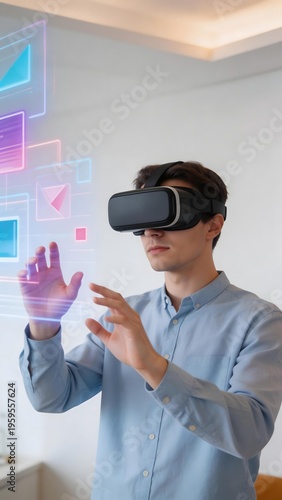 Man using virtual reality headset to interact with digital interface in a modern indoor setting