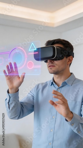 Man using virtual reality headset interacting with holographic interface in a modern indoor setting