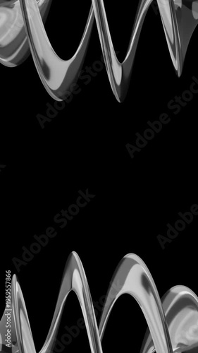 Abstract dark background animation featuring dynamic twisted ribbon-like shapes rotating around a central axis. Fluid motion of intertwining black and silver elements creates a mesmerizing seamless lo