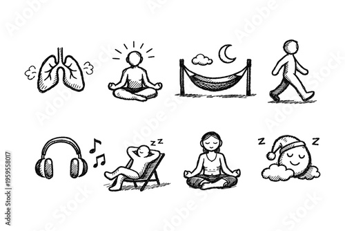 Collection of hand-drawn icons representing relaxation, wellness, and healthy habits