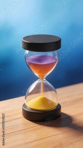 Hourglass with colorful sand on wooden surface against blue background