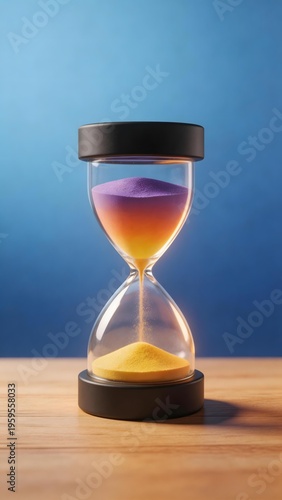 Hourglass with colorful sand on wooden surface against blue background