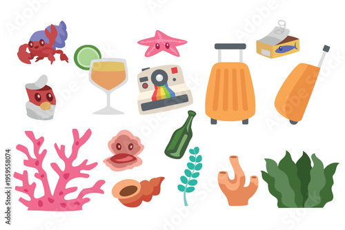 set of marine life with holiday trip
