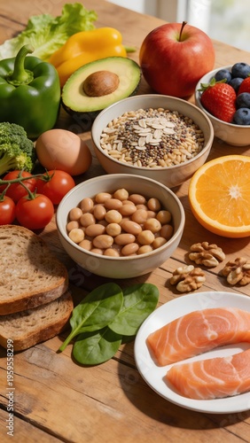 Assorted healthy foods including salmon, vegetables, nuts, fruits, and grains arranged on a wooden table
