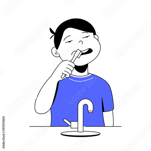 Boy Brushing Teeth - Colorful Flat Design Illustration