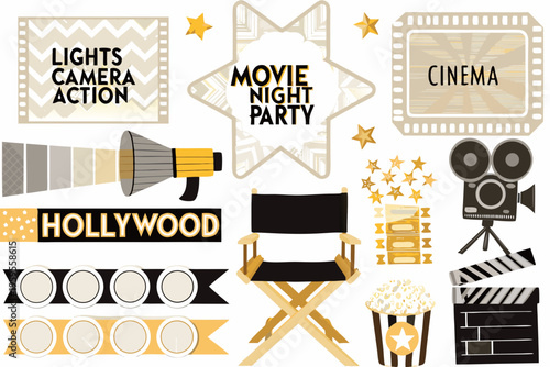 A colorful collection of movie night themed illustrations and design elements
