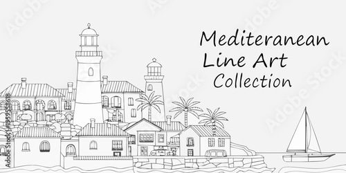 Detailed mediterranean coastal town illustration with lighthouse and sailing boat