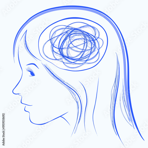 A woman s profile with a complex tangle of lines inside her head