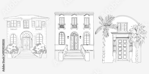 Sketch of three european style buildings with architectural details and foliage