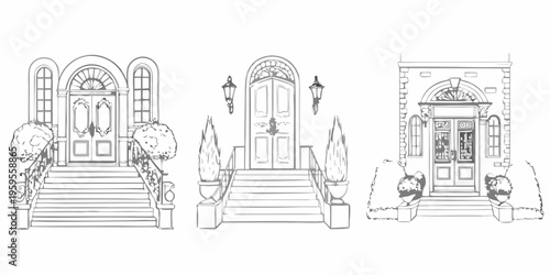 Elegant architectural sketch of three ornate doorway designs with steps