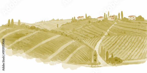 A watercolor painting depicts rolling hills and a quaint village scene