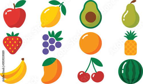 Colorful fruit flat vector illustration set featuring apple lemon avocado pear strawberry grape orange pineapple banana mango cherry watermelon.