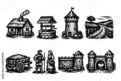 Medieval village scene with a cottage, well, tower, and rural landscape