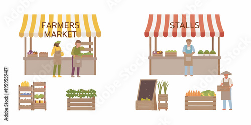 A vibrant farmers market scene with stalls vendors and fresh produce