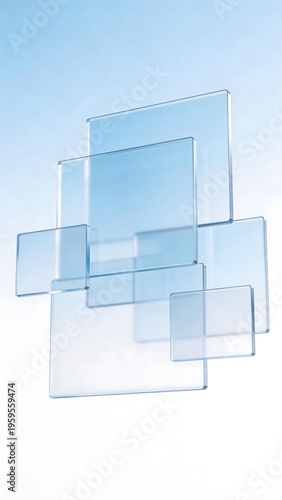 Transparent glass squares arranged in overlapping layers against a light blue gradient background