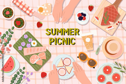 A vibrant summer picnic spread with food drinks and accessories