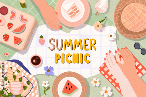 A colorful summer picnic spread with food drinks and decorative elements