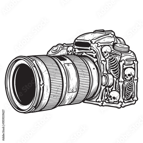 Camera with skeleton design elements.