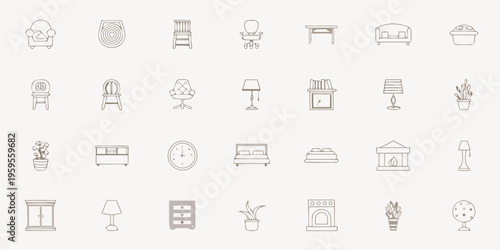 Collection of minimalist furniture and home decor line art icons