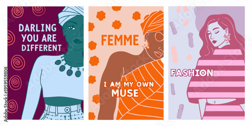 A triptych of stylized illustrations celebrating female empowerment and individuality