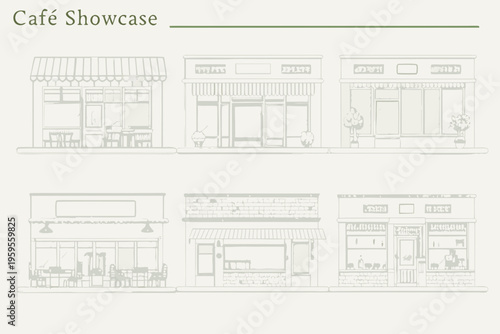 Detailed line drawing of a row of charming european style cafes