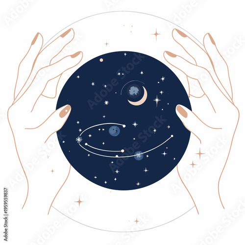 Hands holding a crystal ball displaying a night sky with planets
