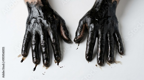 Hands covered in black oil on white background