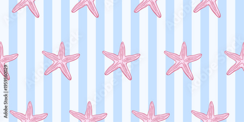 Seamless starfish pattern with hand drawn pink sea stars on blue striped background. Coastal tropical design for summer beach textile, wrapping paper, fabric.