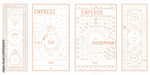 Four tarot cards the empress emperor hierophant and a floral design